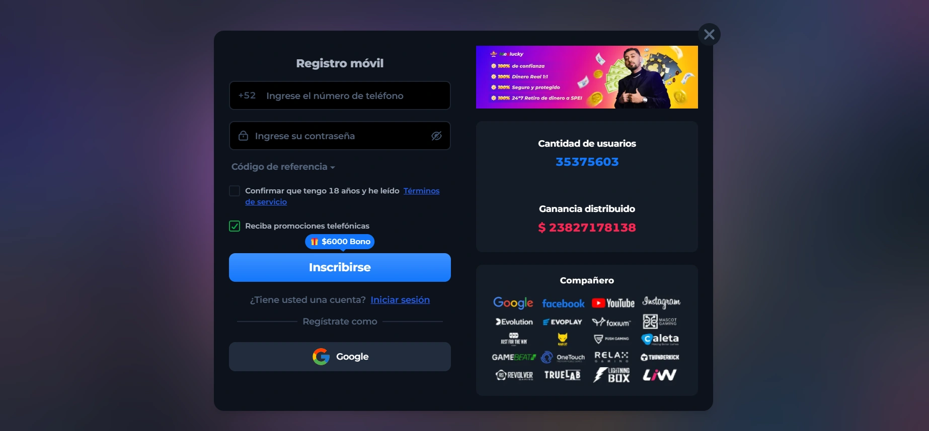 Registro e inicio de sesión en MexLucky