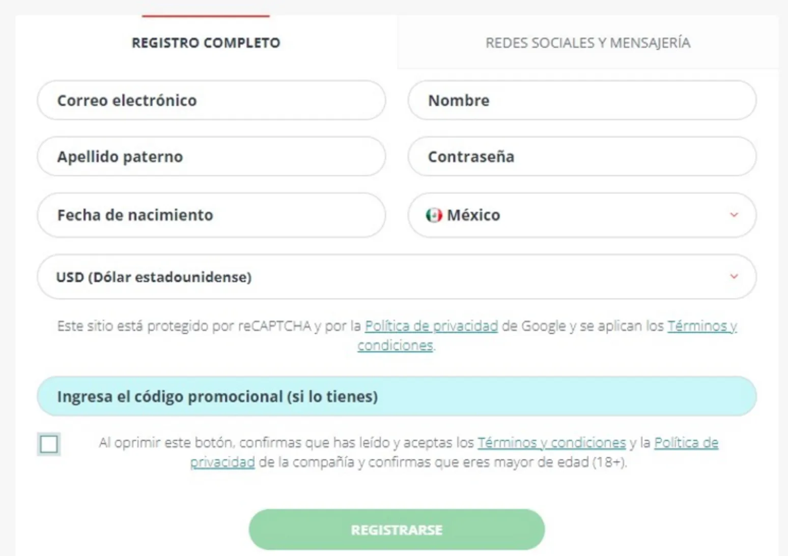 Registro bono bienvenida sin depósito